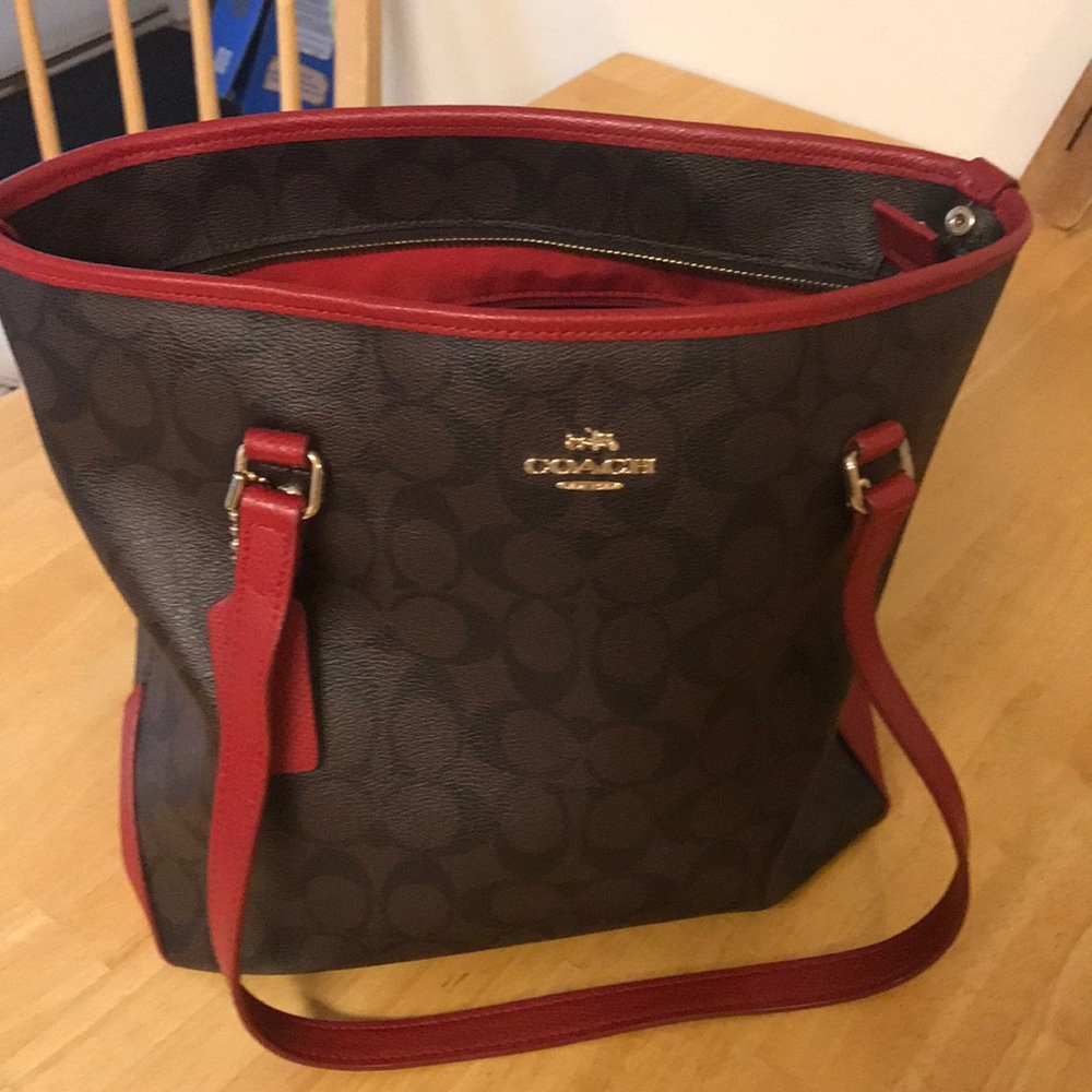 Red and brown coach purse